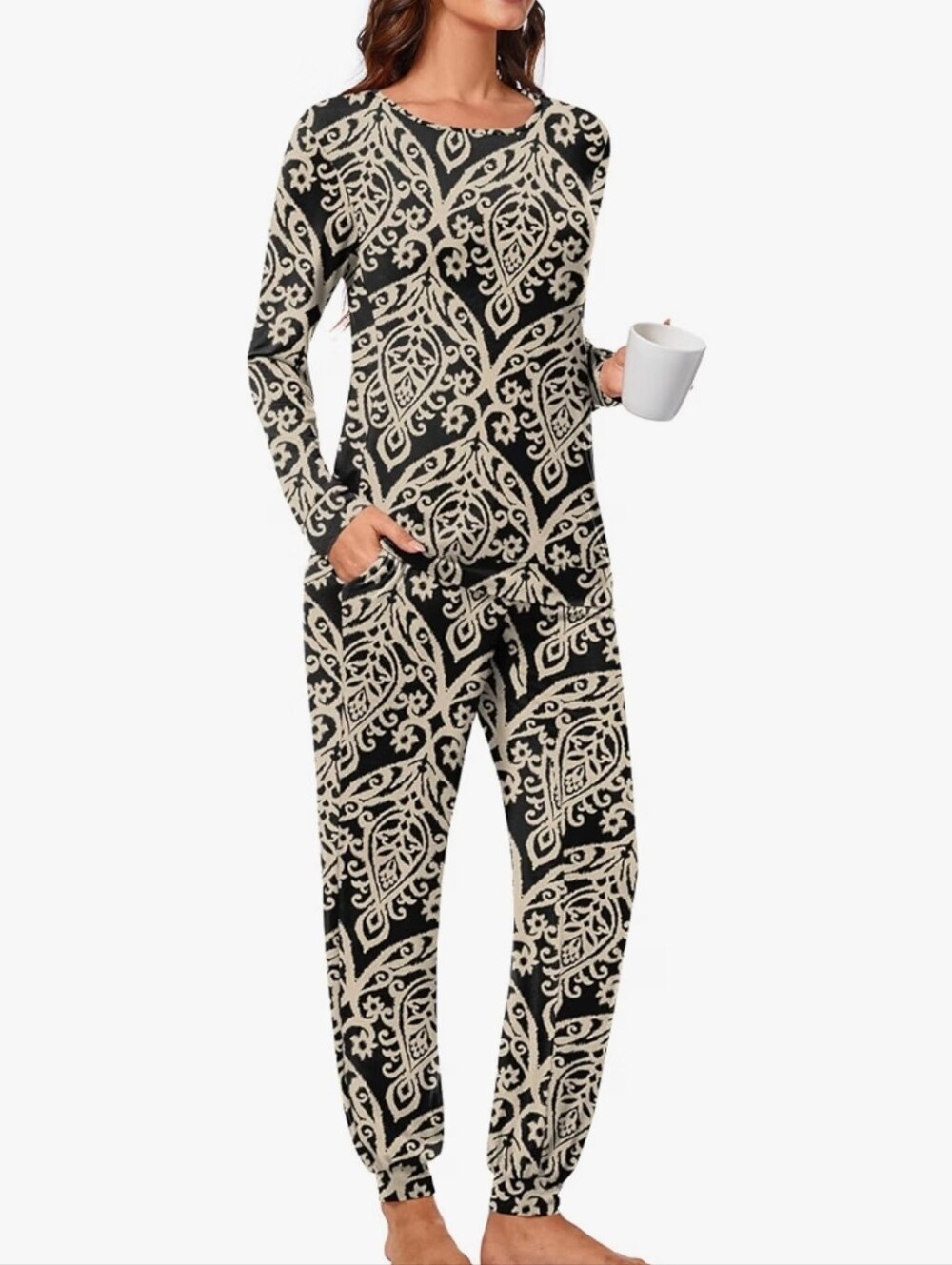 Black Cream Damask Print Pajama 2 Pc Jogger Loungewear Fall Pjs Set Sleepwear